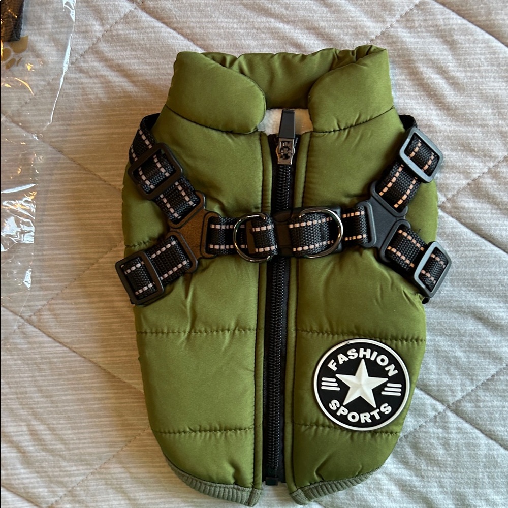Small dog Green Vest with adjustable harness attached